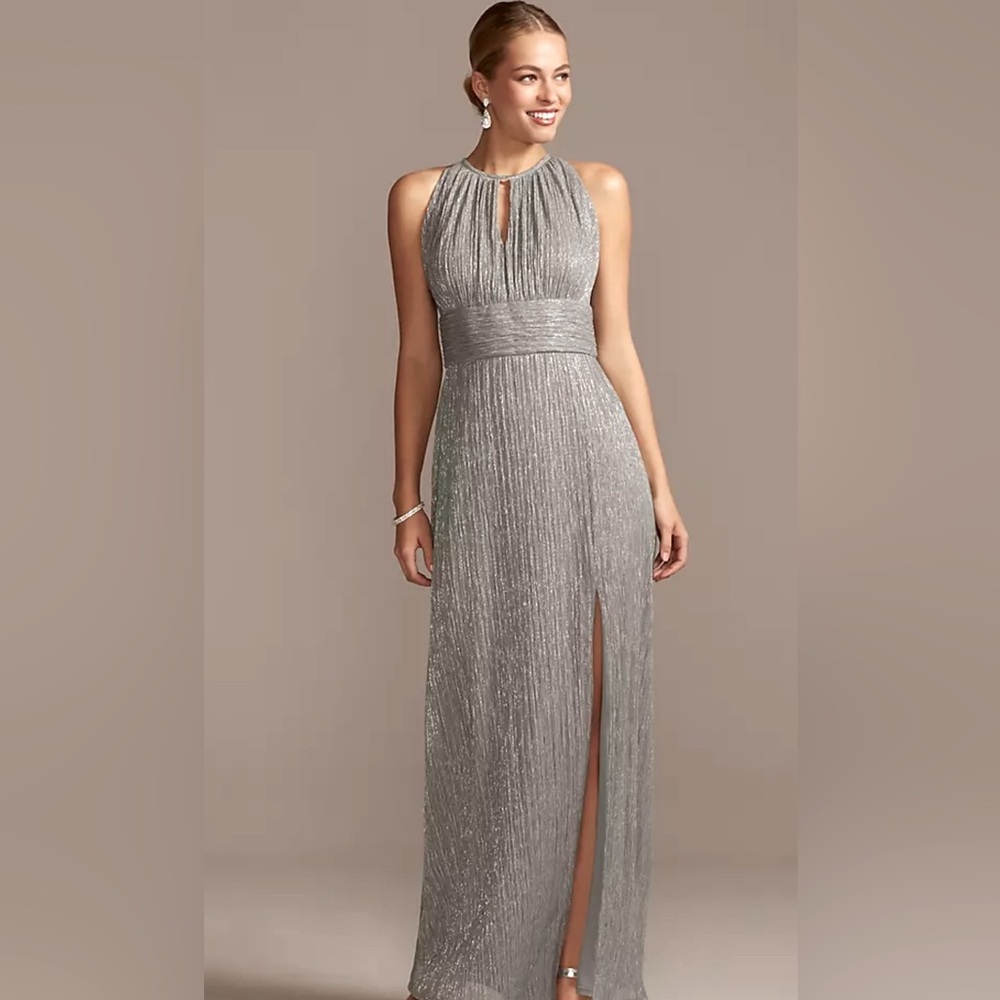 R&M Richards Long Dress with Lining Halter A-Line Metallic Color Silver Size 4